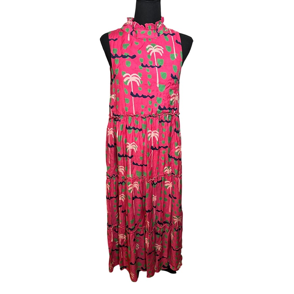 Oliphant Pink Palm Tree‎ Tiered Maxi Dress Cotton Silk Ruffle Neck XS Resortwear